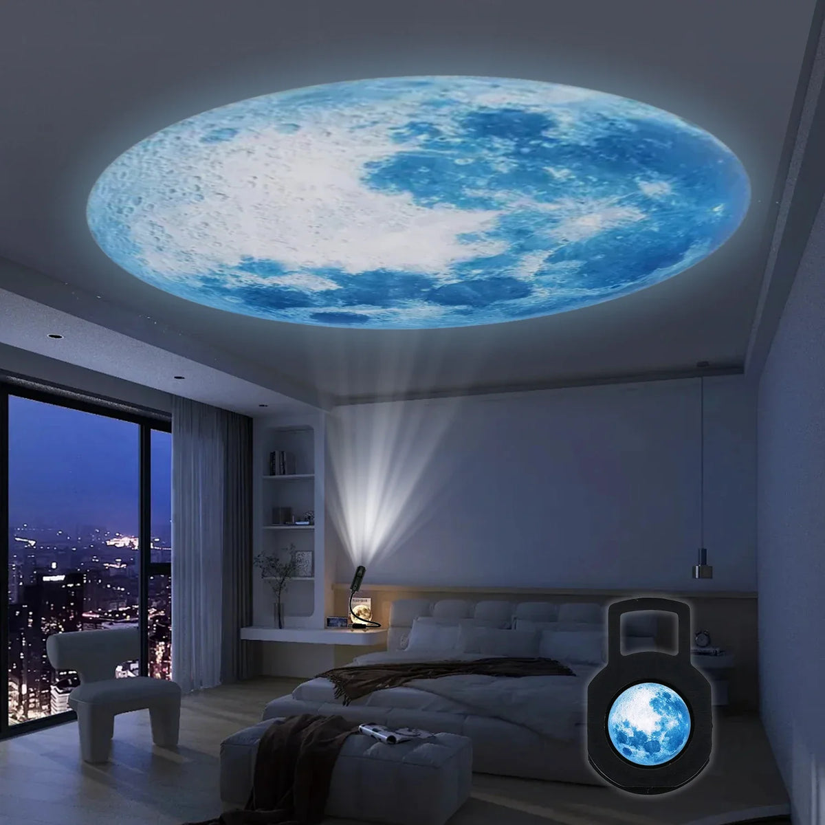 Rotating Rechargeable Moon Star Projector Lamp, Blue Planet LED Night Light, Romantic Bedroom Decor Gift for Kids and Lovers